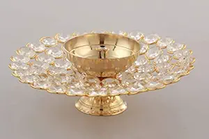 Collectible India Small Crystal Akhand Diya Brass Oil Puja Lamp for Home Office Gifts Pooja